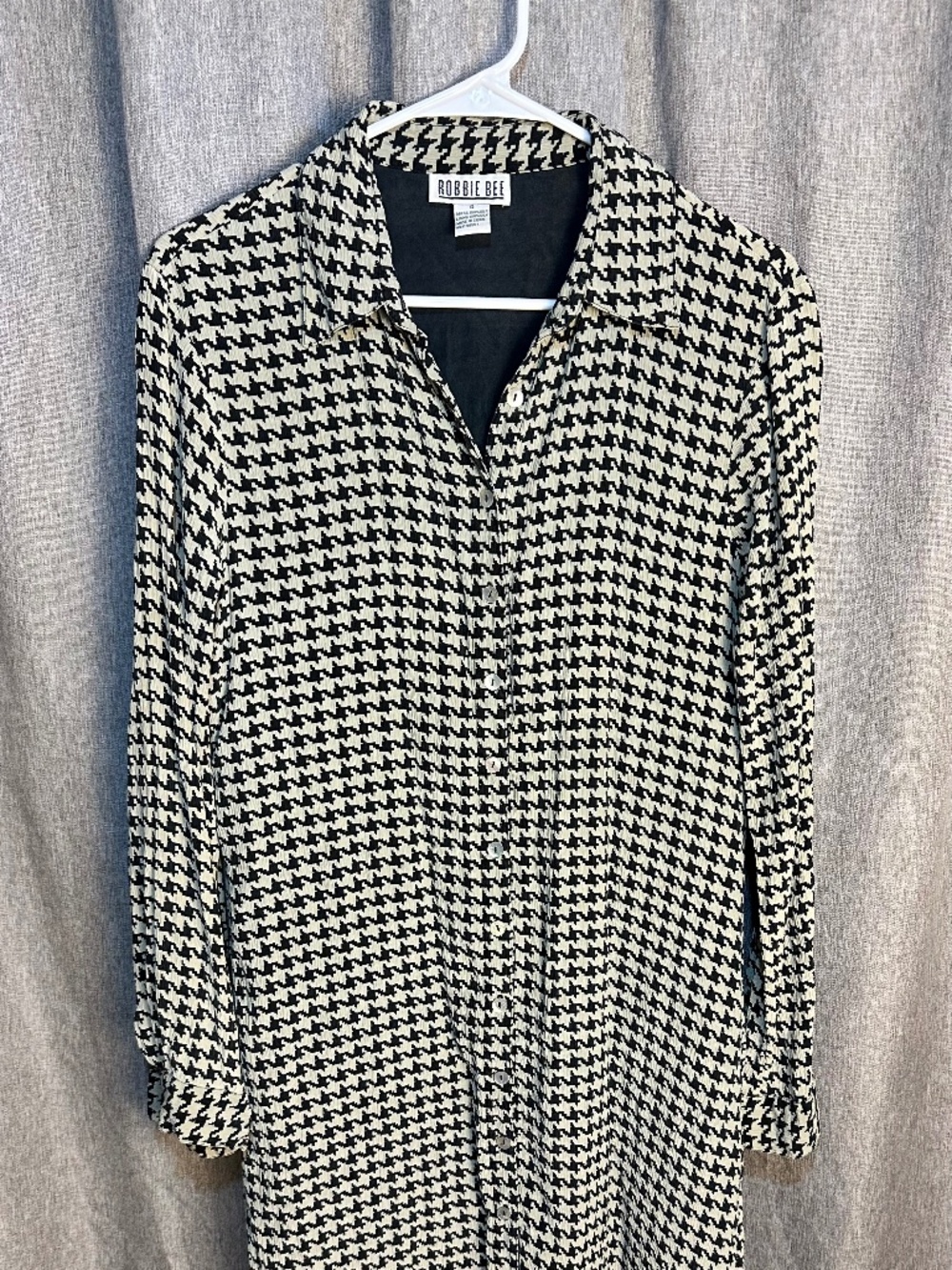 Robbie Bee Black & White Houndstooth Midi Silk Shirt Dress - Size 12